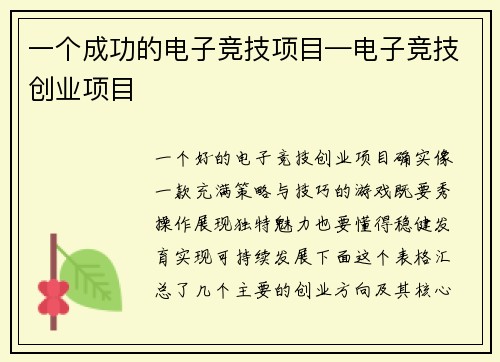 一个成功的电子竞技项目—电子竞技创业项目